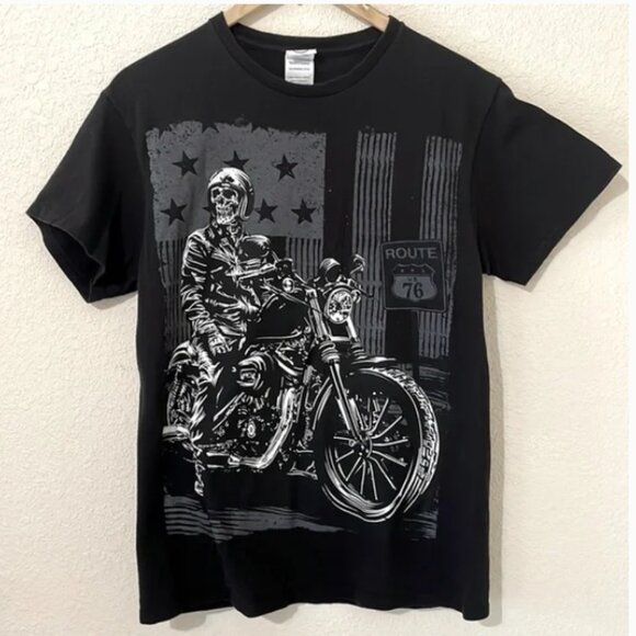 Historic Route 66 Skeleton Biker Skull Motorcycle American Flag Shirt Men Medium - Picture 1 of 8